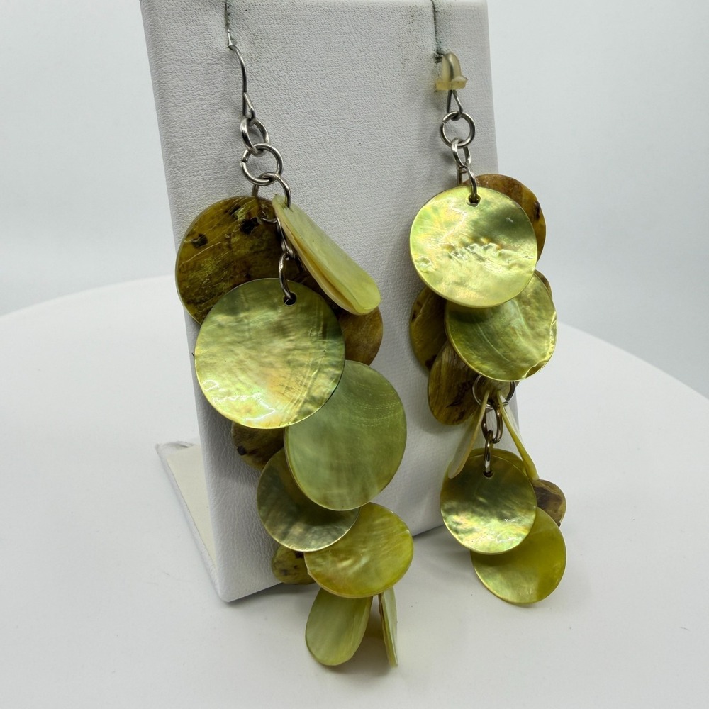 Natural Shell Disc Statement Dangle Earrings Multi-Layered Boho Beach Jewelry - Picture 6 of 13